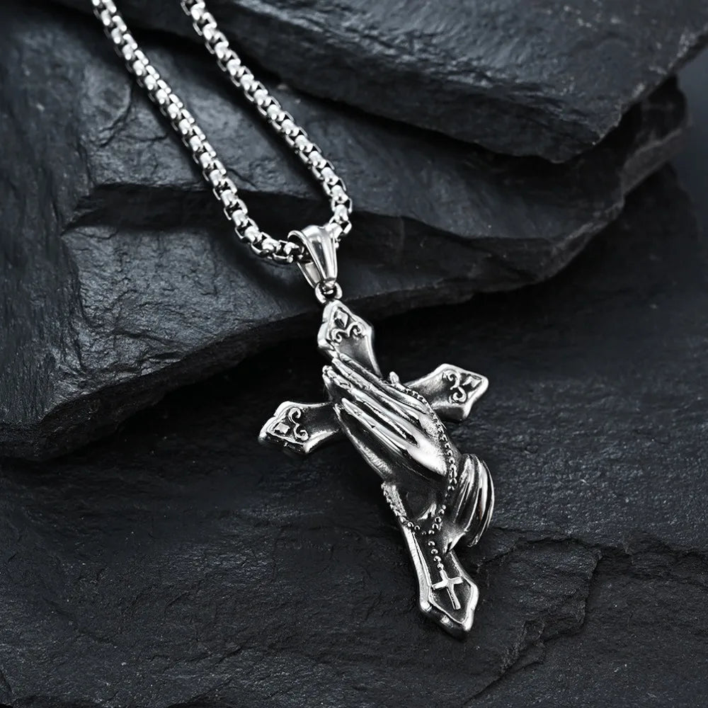 Praying Hands Cross Pendant (Stainless Steel)