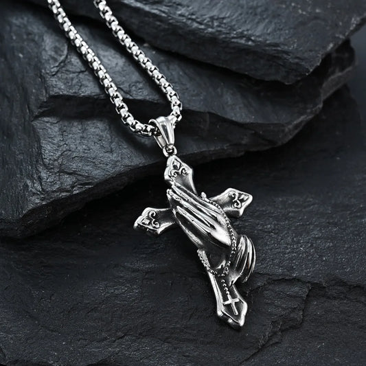 Praying Hands Cross Pendant (Stainless Steel)