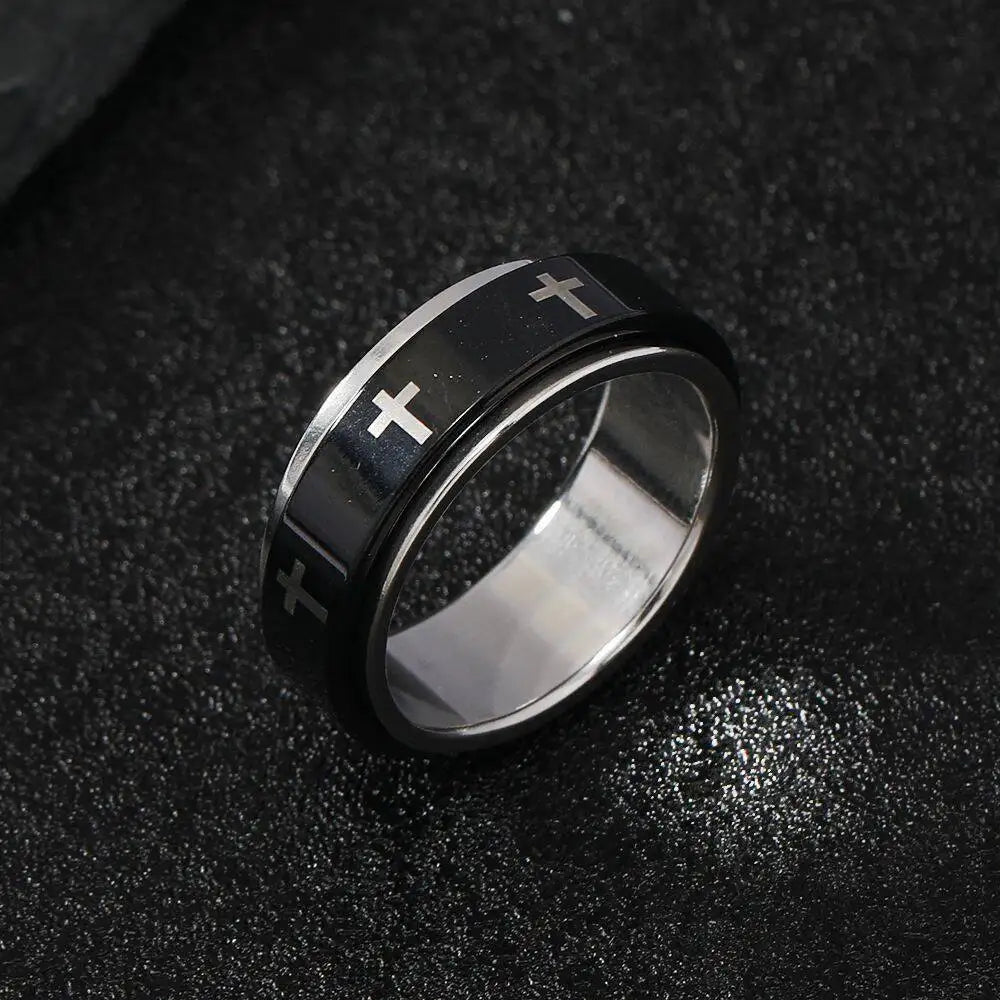 Rotatable Black & Silver Cross Ring (Stainless Steel)