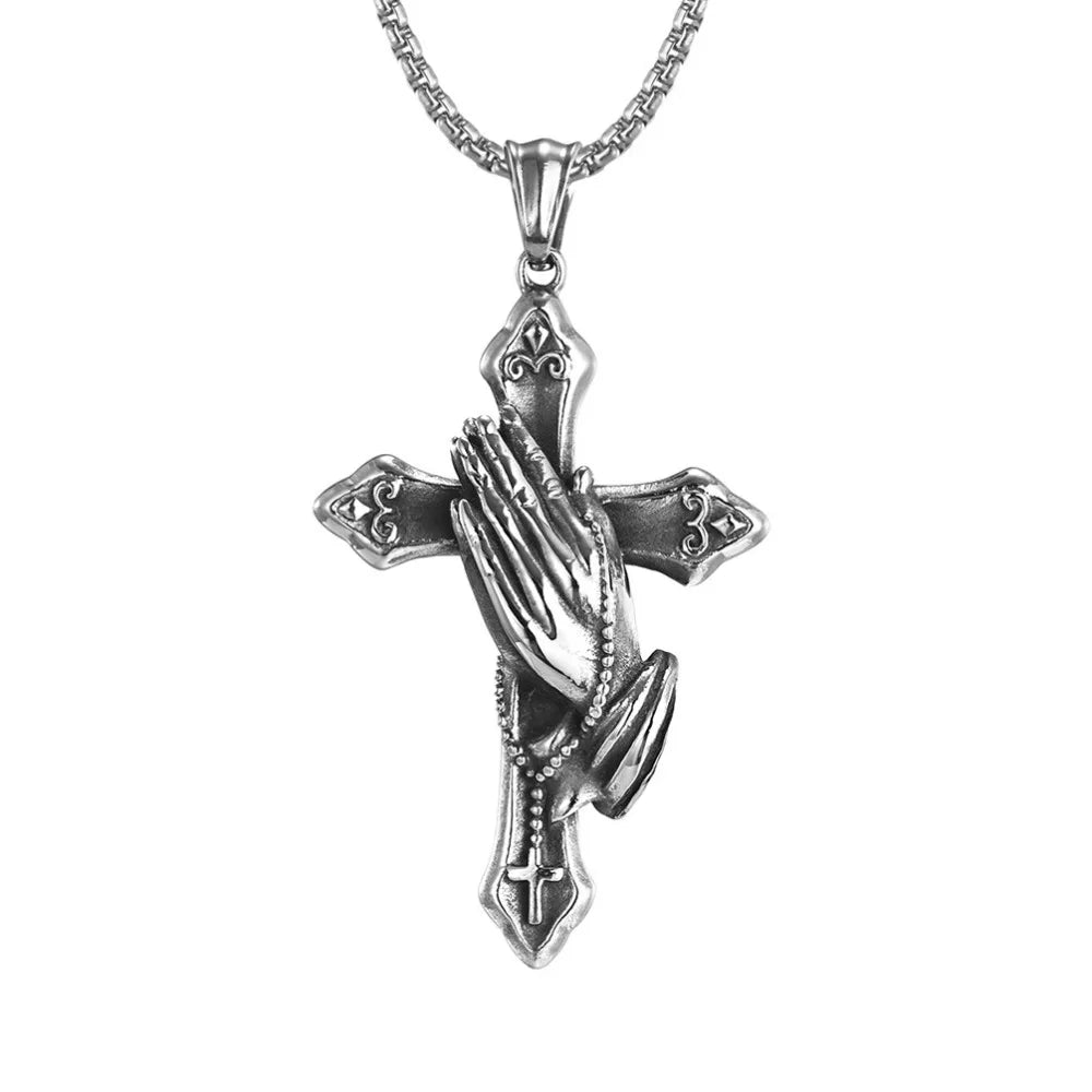 Praying Hands Cross Pendant (Stainless Steel)