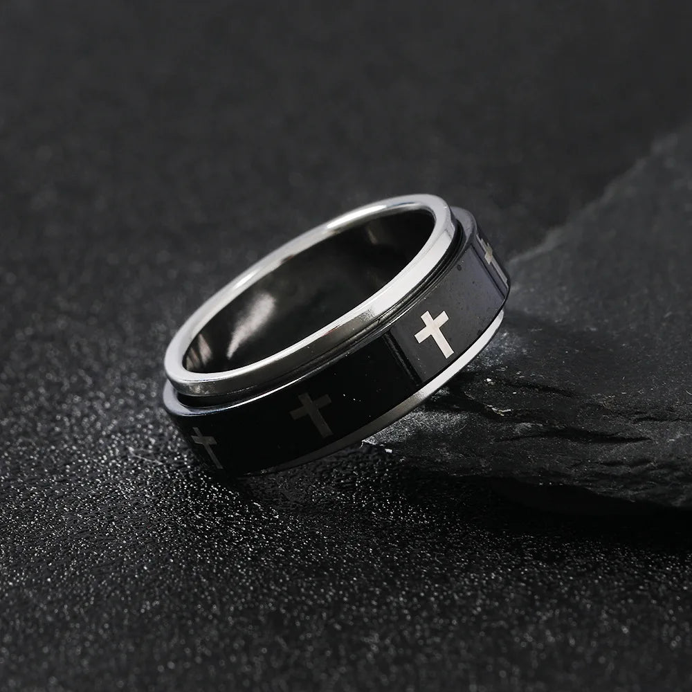 Rotatable Black & Silver Cross Ring (Stainless Steel)