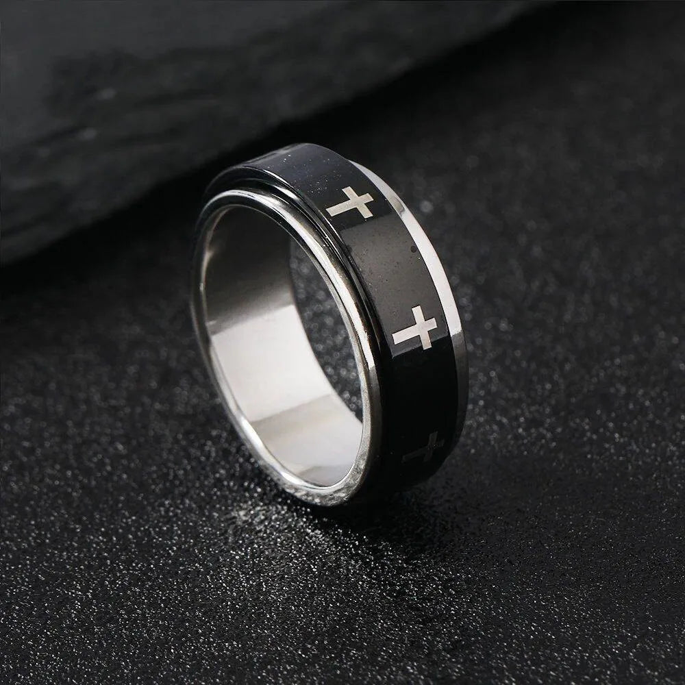 Rotatable Black & Silver Cross Ring (Stainless Steel)
