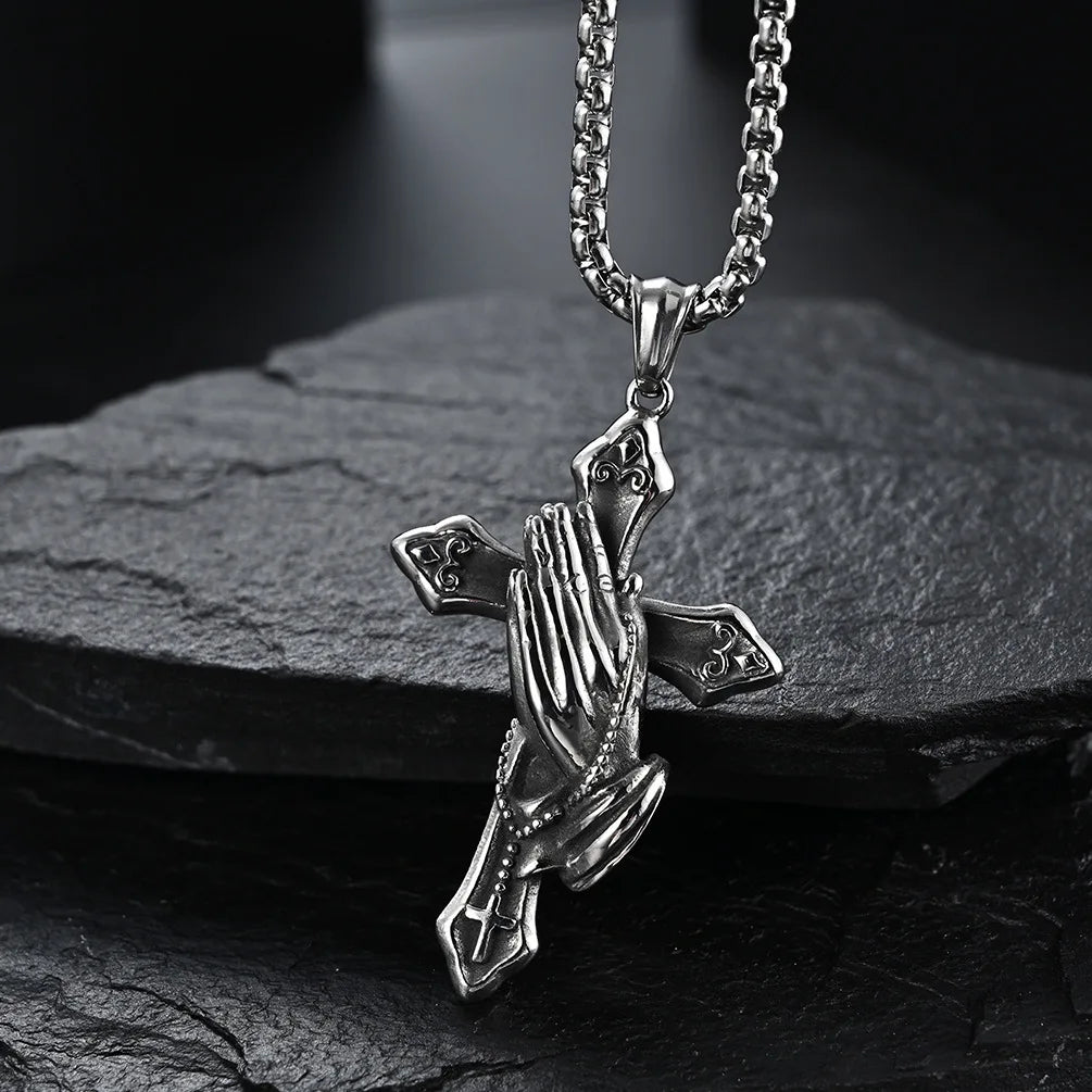 Praying Hands Cross Pendant (Stainless Steel)