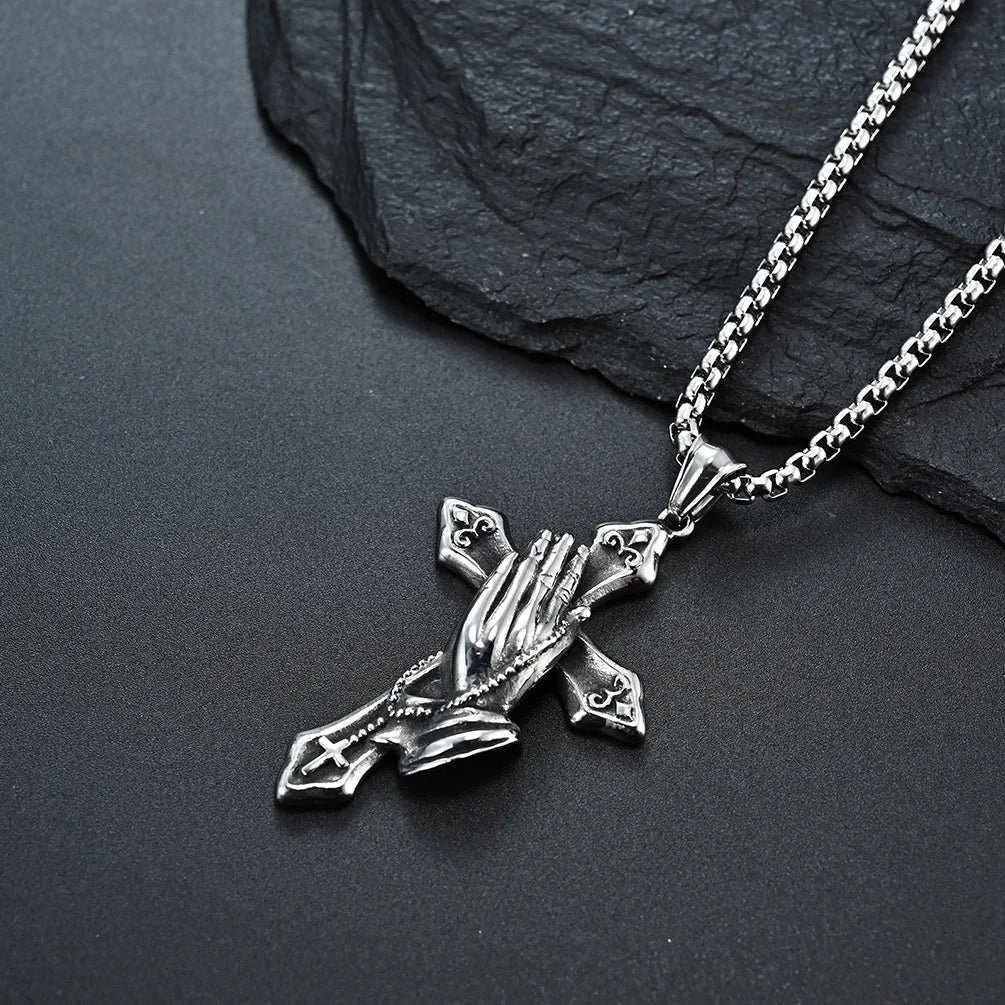 Praying Hands Cross Pendant (Stainless Steel)